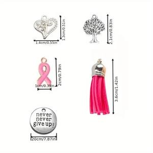 سلسلة مفاتيح بشريط للتوعية بسرطان الثدي ، رسالة ملهمة "لا تستسلم أبدًا" مع سحر الشجرة والقلب - Product Image 3