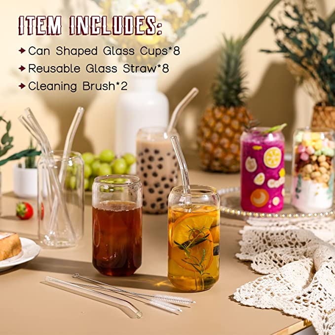 With Straw 16oz Can Shaped  Cups Beer Glasses, Iced Coffee Glasses, Cute Tumbler Cup
