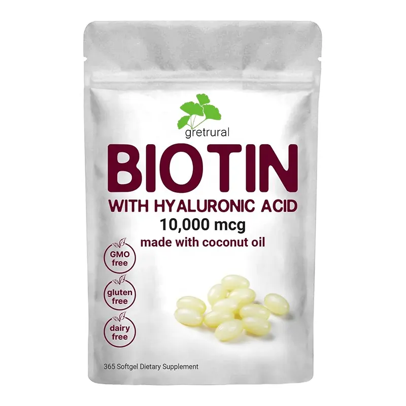 Cápsulas de biotina OEM/ODM más suplemento de vitamina B7 de biotina de ácido hialurónico, promueve un cabello, piel y uñas saludables para mujeres y hombres