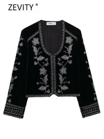 Zevity Nouvelle Veste de Bureau pour Femme Vintage à Col Boutonné en Velours Court à Broderie Florale Géométrique à Manches Longues
