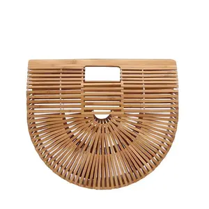 Wholesale Handcraft Half Moon Hollow Bucket Weave Bag Bamboo Handbag Handmade Large Tote Bag for Women