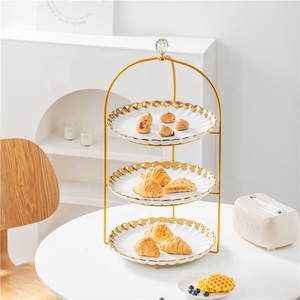 Großhandel Neuankömmling dreistufigen Nachmittags tee Obst Lebensmittel Display Keramik Serviert eller Kuchenst änder mit Metallst änder - Product Image 1