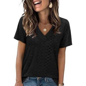 Camiseta con cuello en V FOXA para mujer, corte holgado, manga corta, suave, negra, informal, para verano - Product Image 1