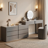 Ensemble de coiffeuse moderne minimaliste en bois massif réglable pour appartement, avec miroir éclairé à rabat et tabouret de rangement, table de maquillage 2-en-1