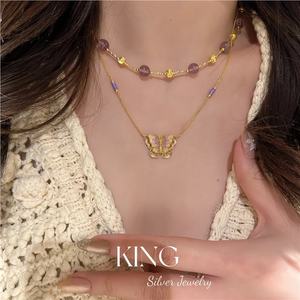 King Silver Jewelry Amethyst Bead Necklace <b>Bracelet</b> Set 925 Sterling Silver Gold Plated Women's Fashion Jewelry - Product Image 3