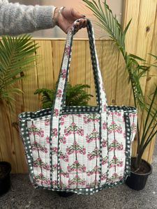 กระเป๋าผ้าฝ้ายสไตล์วินเทจ กระเป๋าช้อปปิ้ง/กระเป๋าสะพายไหล่ กระเป๋าเย็บลายตาราง สำหรับผู้หญิง กระเป๋าเดินทาง กระเป๋าถือสุดสัปดาห์ กระเป๋าถือทำมือ - Product Image 2