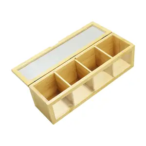 صندوق خشبي مستطيل مُناسب لتعبئة أكواب الشاي من 4 أقسام مزود بغطاء أكريليك مصنوع من خشب البامبو الطبيعي