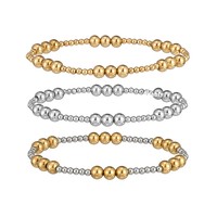 Pulsera Elástica Simple de Acero Inoxidable con Cuentas Redondas Chapadas en Oro Real de 18K, No se Desvanece, Joyería Unisex, Regalo