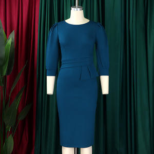 C8612 Robes de Bureau de Haute Qualité pour Femmes Décontractées Élégantes Col Rond Manches Mi-Longues Fendues Slim, Robes Africaines pour Vêtements Féminins - Product Image 5
