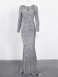 Lüks siyah uzun kollu abiye elbise pullu sıkı kadife V boyun Mermaid balo kat uzunluk elbise balo abiye - Product Image 6