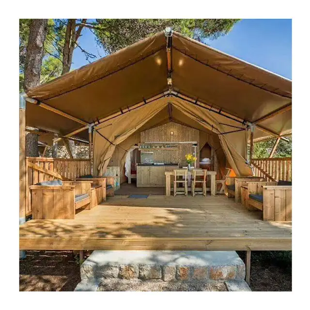 Outdoor Grote Glamping Prebuilt Yurt Huis Luxe Hotel Project Safari Tent Leverancier Houten Paal Resort Kamp Tent Strand Tent