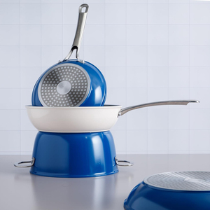 Juego de ollas y sartenes de aluminio con <span class=keywords><strong>mango</strong></span> de acero inoxidable, sartén antiadherente <span class=keywords><strong>rosa</strong></span> y azul con tapa, juego de ollas - Product Image 3