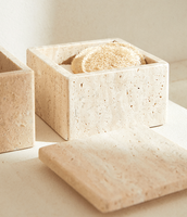 SAIDKOCC Boîte de rangement pour articles divers en marbre naturel carré, entrée, salle de bain, coiffeuse, beige, couvercle en travertin, minimaliste, moderne