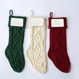 Parche de cuero PU blanco de sublimación, calcetín navideño de punto grueso, tamaño grande, blanco, Burdeos, verde, rústico, tejido personalizado St