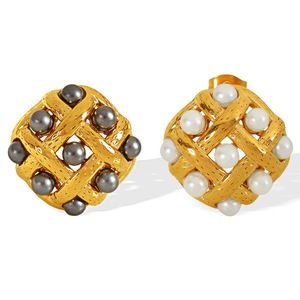 Pendientes de Perlas Vintage Retro Franceses, Diseño Geométrico de Red, Tono Dorado, Perlas Blancas y Negras, Joyería para Fiesta - Product Image 5