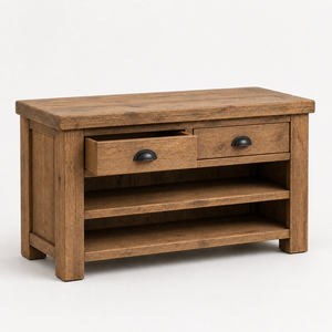 Banc de rangement en chêne foncé du Vietnam avec 2 tiroirs et étagères, meubles de salon, design scandinave moderne, vente en gros - Product Image 2