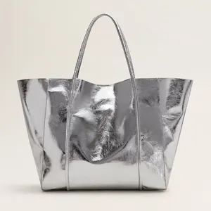 Custom Metallic Silver Leather Ladies Large Tote Bag Shoulder Shopper Handbag Purse For Women