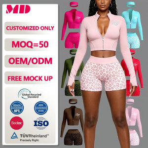 Fabricant OEM/ODM sur mesure : Haut moulant zippé à manches longues et short taille basse imprimé léopard/animal pour influenceurs - Product Image 1