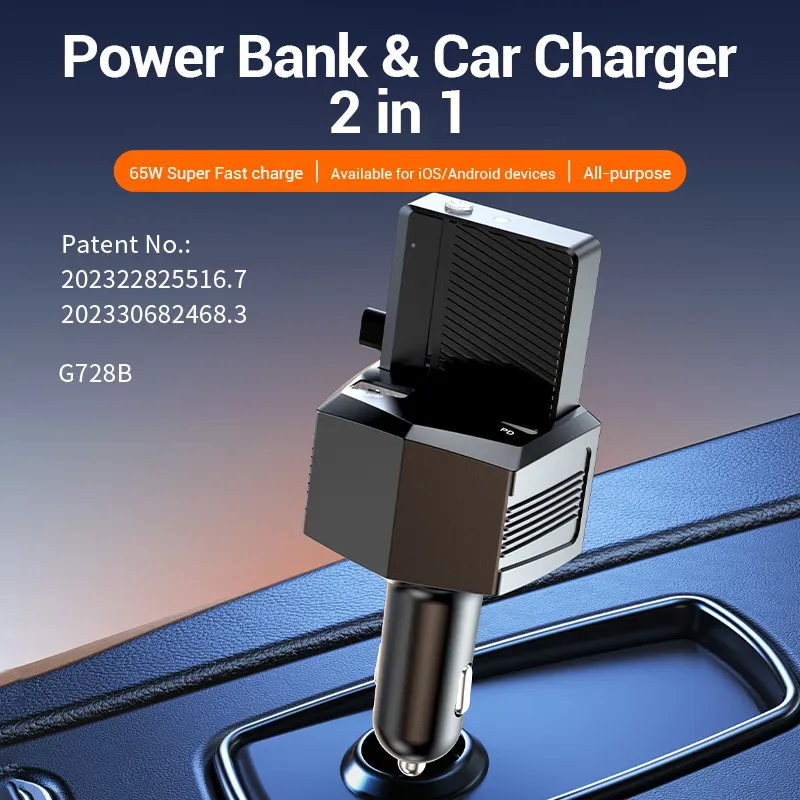 G728B QC3.0/PD2.0 Tipo-C/USB 65W mini cargador de teléfono celular de Banco de energía portátil para cigarrillo de coche 12V