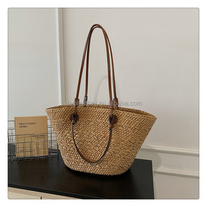 Bolso de Hombro de Paja a Rayas de Verano, Gran Capacidad, Casual, para Mujer, Bolso Tote de Mimbre Tejido para la Playa - Product Image 1