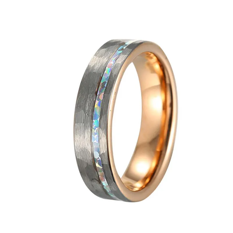 6mm mawar emas Tungsten cincin pernikahan dengan alam Opal menghancurkan Inlay dipalu cincin pernikahan sempurna untuk pria dan wanita