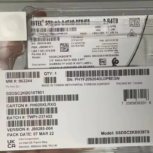Intel Compatible SATA 2.5inch SSD D3-S4510 SC2KB038T801 6gb/s TLC for Desktop Metal Brand New 3.84TB Internal