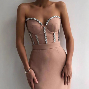 Robe de soirée rose taille haute, col cœur, sequins, moulante, longueur midi pour femme - Product Image 3