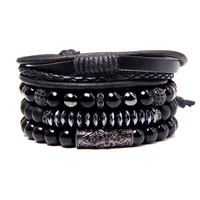 Hot Sale Naturstein Kombination Armband Set Micro Inlay Charm Ball Kreuz Boho Perlen Schädel Leder Armband Männer für den Großhandel