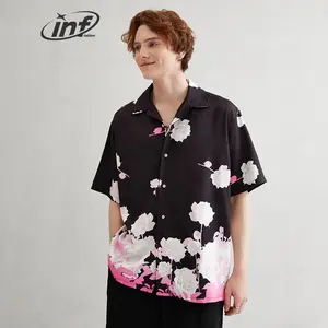 INFLATION White Rose Digital Printing Hawaiian Beach Shirt Plus Size Shirt for Men Summer Short Sleeve Satin Fabric Casual