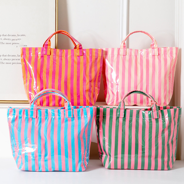 New Stylish PVC Striped Tote Bag Lightweight Handbag Large Capacity Portable Travel Shoulder Bag