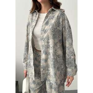 Ensemble veste et pantalon en lin à imprimé léopard gris pour femmes, collection de costumes en gros - Product Image 3