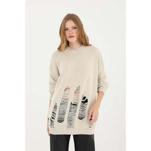 เสื้อทูนิคถักแบบขาดๆ สำหรับผู้หญิง ยี่ห้อ Soul พร้อมดีเทลแบบดิสเทรสทันสมัย เสื้อสเวตเตอร์สีเบจแขนยาวใส่สบายสำหรับใส่ลำลอง - Product Image 4