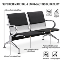 Chaise d'attente aéroportuaire 2 places, siège rembourré en PVC noir, accoudoirs en acier chromé laminé à froid, panneau perforé, vente en gros pour cliniques