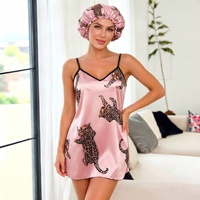 Chemise de nuit en satin imprimé léopard P671 pour femme, robe nuisette à fines bretelles avec bonnet de nuit, col en V, vêtements de nuit