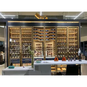 商业设计冷却不锈钢展示架豪华壁式大型酒窖威士忌玻璃展示酒柜
