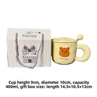 Ensemble de tasses en céramique Kawaii Bear, style girly, poignée irrégulière et dodue, 400 ml, passe au lave-vaisselle et au micro-ondes, avec couvercle et cuillère pour café/lait