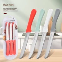 Ensemble de 6 couteaux à steak dentelés en acier inoxydable, couteaux utilitaires, manche en plastique coloré, emballage sous blister