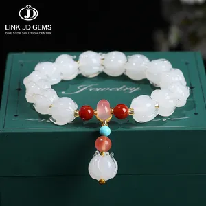 JD GEMS Men Women Lotus Buddha Beads Hand-carved Art Tourism Commemorative Jewelry Purple White Glass Lotus Beads Bracelet