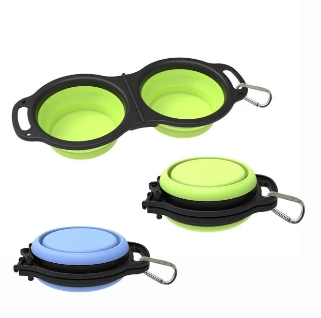 Eco-friendly 2 in 1 silicone pet bowl portable foldable double dog bowl for food and water