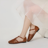 Sandales romaines rétro tressées à la main pour femmes, chaussures plates ajourées à bride cheville, chaussures tendance pour le quotidien et les loisirs