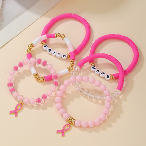 Faith Hope Breast Cancer Awareness <b>Bracelet</b> For Women Pink <b>Beaded</b> Polymer Clay Jewelry Gift Set - Product Image 3