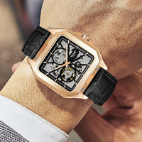 Montre mécanique automatique de luxe pour homme PINDU en acier inoxydable, cadran carré, design ajouré, aiguilles lumineuses de haute qualité, bracelet en cuir, 3 ATM
