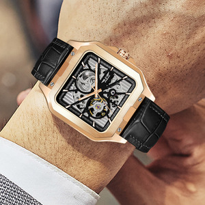Montre mécanique automatique de luxe pour homme PINDU en acier inoxydable, cadran carré, design ajouré, aiguilles lumineuses de haute qualité, bracelet en cuir, 3 ATM - Product Image 4