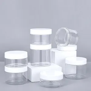 PET-Kunststoff-Glas BPA-frei 1 Oz 2 Oz 4 Oz 6 Oz 8 Oz 12 Oz 16 Oz 32 Oz durchsichtige Kunststoffdosen mit weißen Kunststoffdeckeln für die Verpackung von Kosmetika