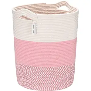 Taper mottled pink Large Size Cotton Rope Woven Storage Basket with Handles, Laundry Hamper, Fabric Bucket, Drum