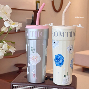 Termo de Acero Inoxidable de Alta Gama para Niñas, con Diseño Floral y Pajita, para Uso en Escritorio - Product Image 1