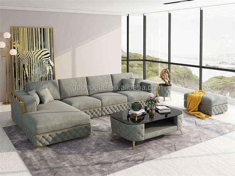 Gold Frame Traditional Red Green Velvet L-Shape Sofa Set