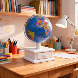 Globo Terráqueo <span class=keywords><strong>de</strong></span> Papel Colorido Azul Oscuro Brillante con Base <span class=keywords><strong>de</strong></span> Madera y Soporte Metálico Negro Mate, Meridianos, Luz Natural, Educativo - Product Image 5
