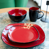 Service de table en céramique rouge et noir de 16 pièces, 4 assiettes et bols en porcelaine résistante aux hautes températures, écologiques, sans BPA, compatibles micro-ondes