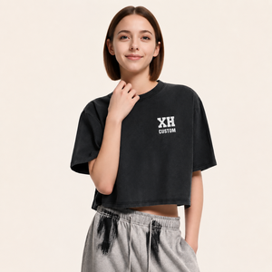 XH Custom Women's Black <b>Crop</b> <b>Top</b>, Short Sleeve Crew Neck Loose Fit Casual T-Shirt with Screen Print, Spring Summer Cotton Jersey - Product Image 1